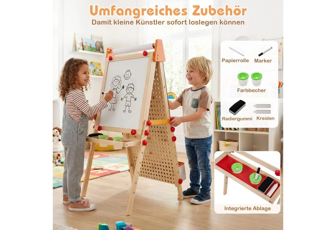 COSTWAY Kinderkunststaffelei 3-in-1 Standtafel Natur - Bild 4