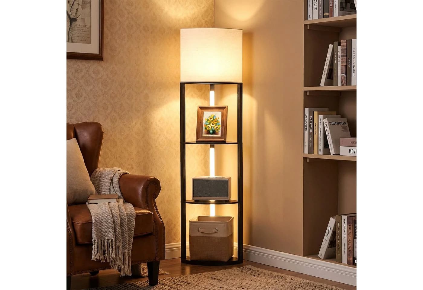 COSTWAY Stehlampe mit Regalen Schwarz Dimmbar