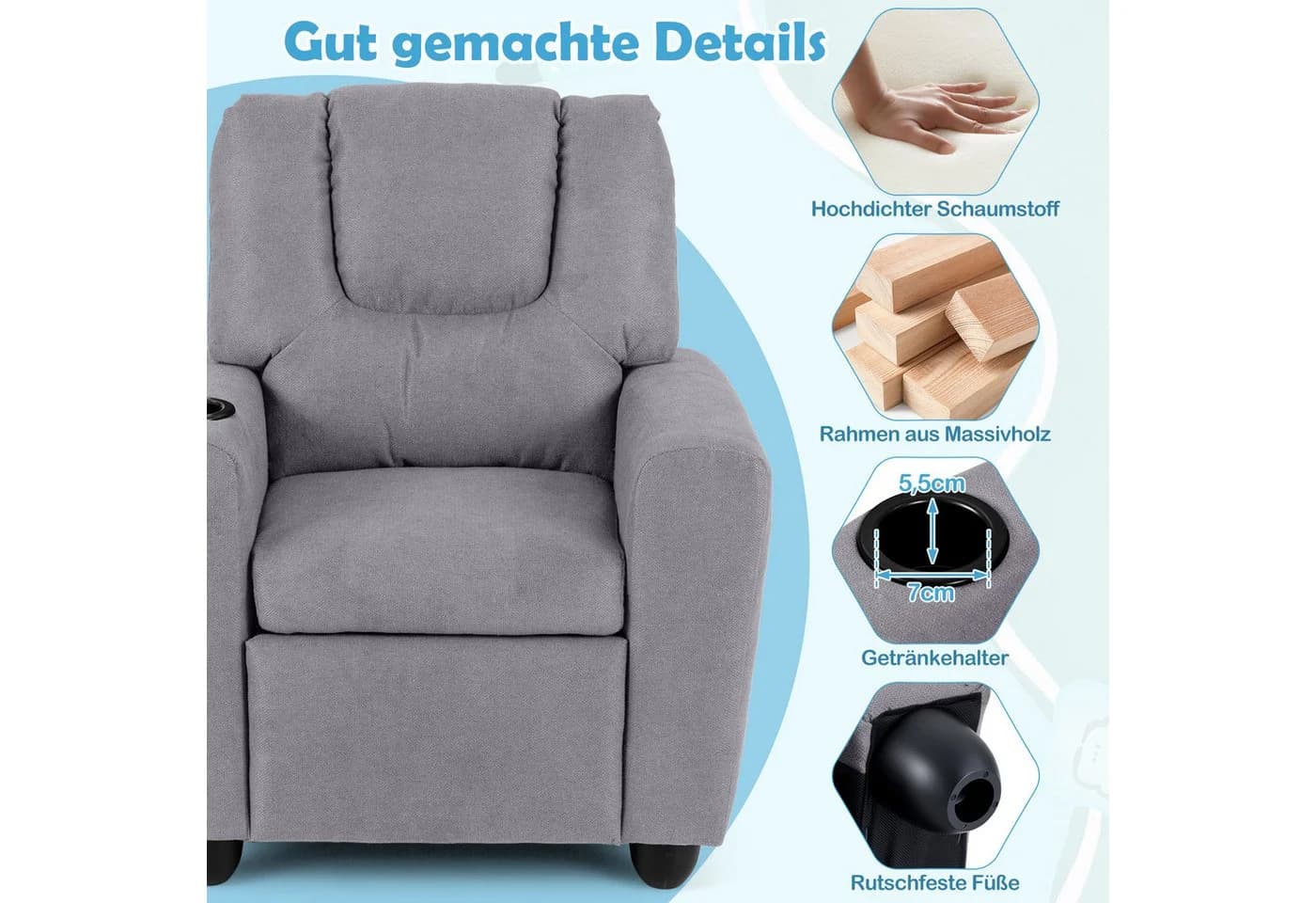 COSTWAY Kindersessel Grau mit verstellbarer Rückenlehne & Fußstütze - Bild 3