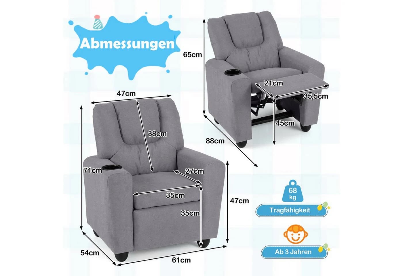 COSTWAY Kindersessel Grau mit verstellbarer Rückenlehne & Fußstütze - Bild 4