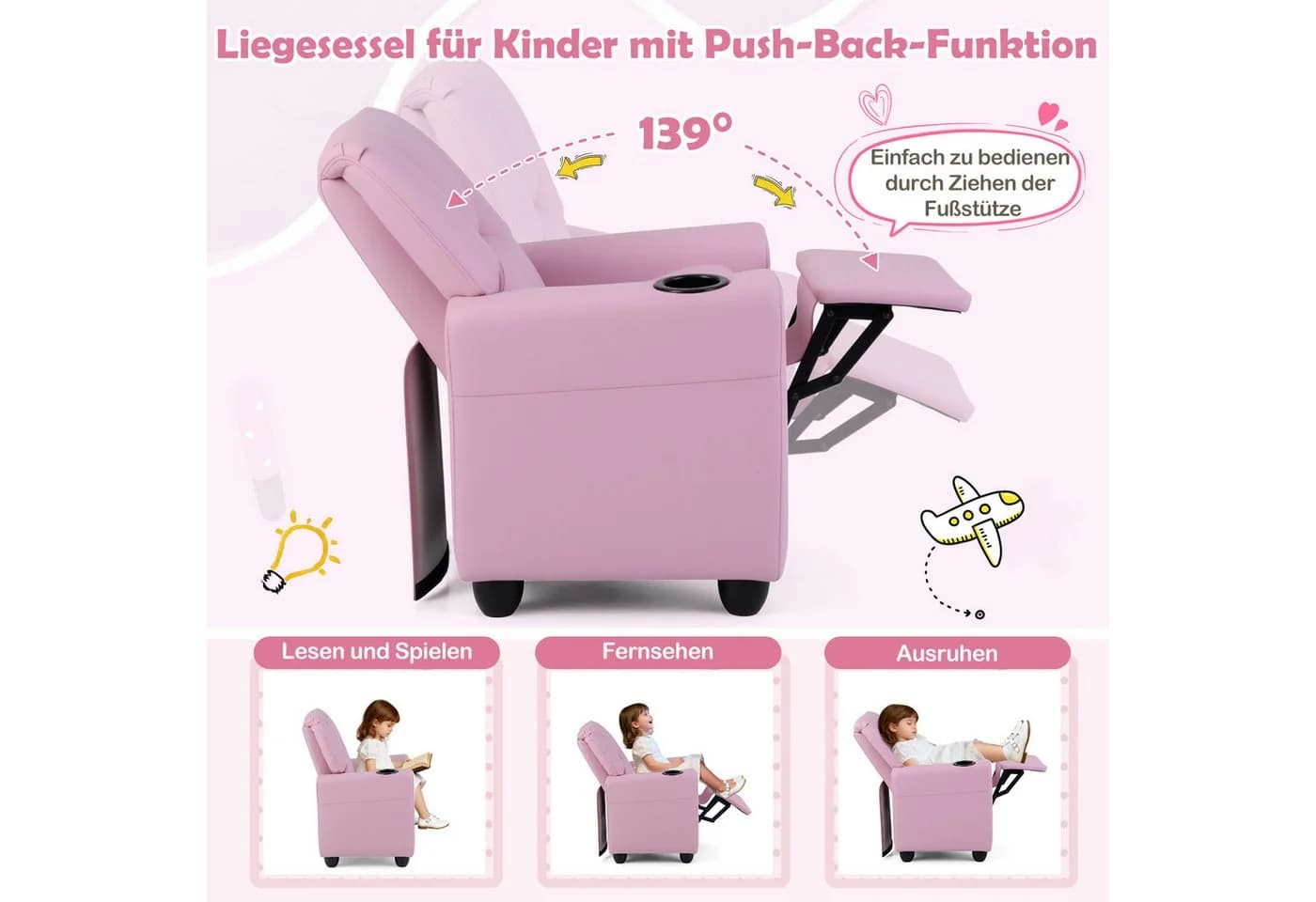 COSTWAY Kindersessel Rosa mit verstellbarer Rückenlehne & Fußstütze