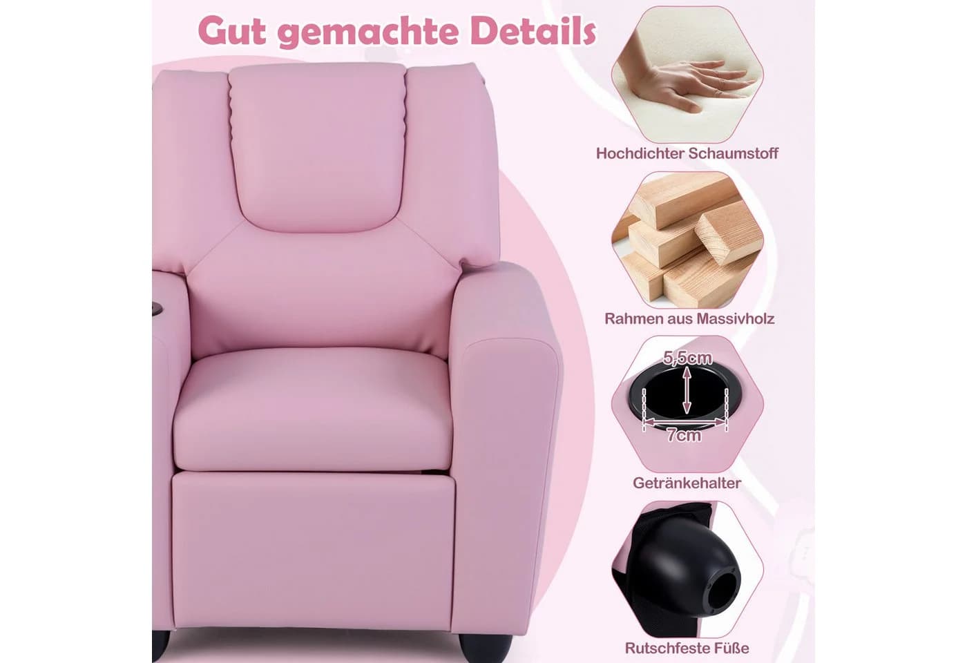 COSTWAY Kindersessel Rosa mit verstellbarer Rückenlehne & Fußstütze - Bild 3