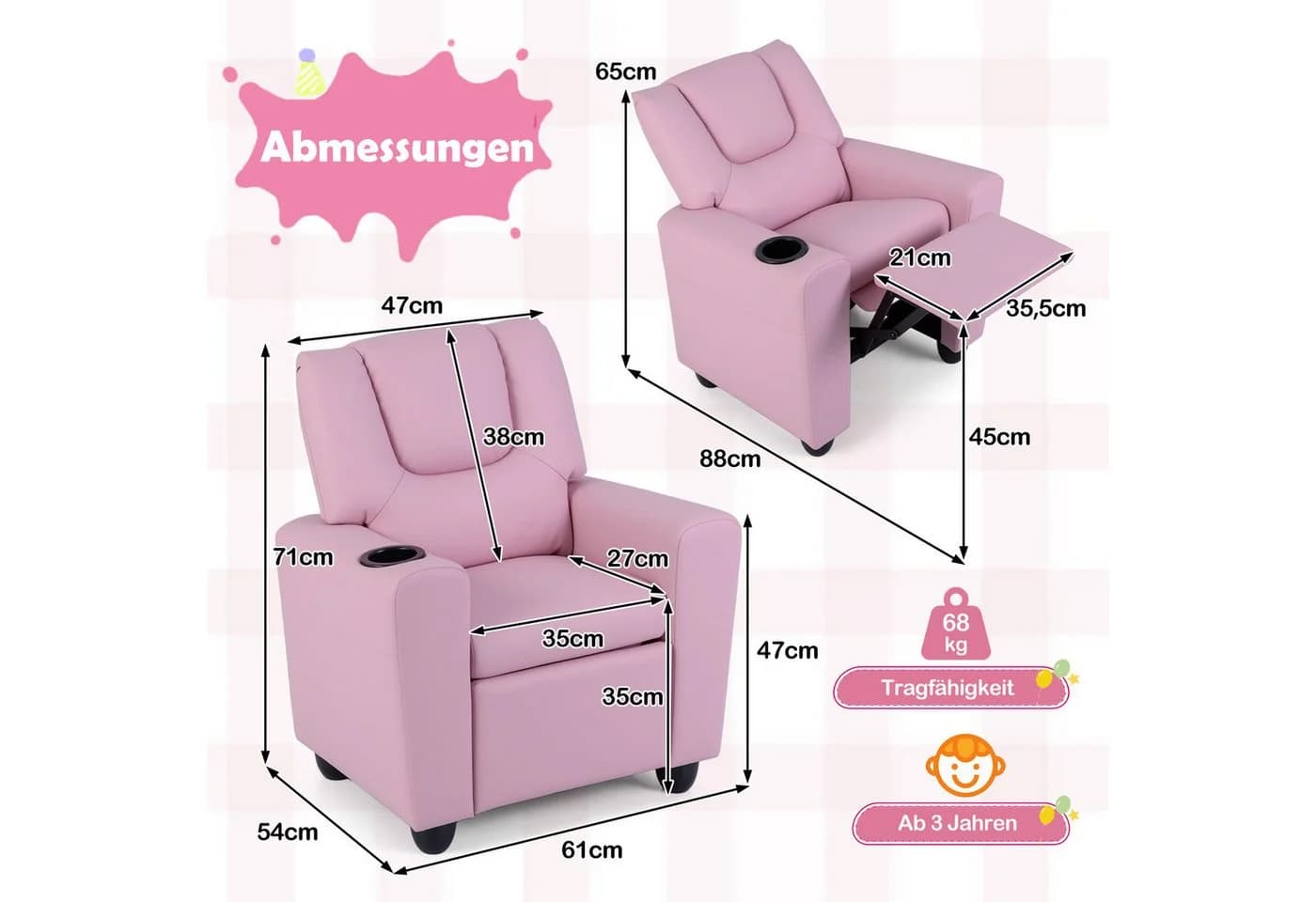 COSTWAY Kindersessel Rosa mit verstellbarer Rückenlehne & Fußstütze - Bild 4