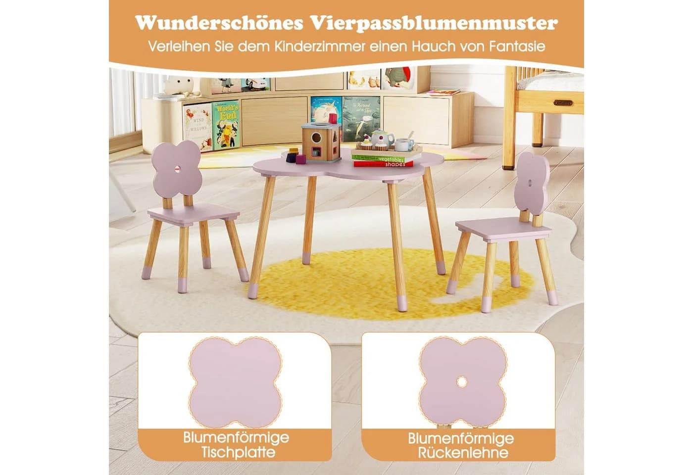COSTWAY Kindersitzgruppe 3-tlg Blumenform Tisch & 2 Stühle