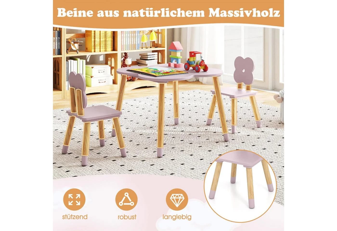 COSTWAY Kindersitzgruppe 3-tlg Blumenform Tisch & 2 Stühle - Bild 3