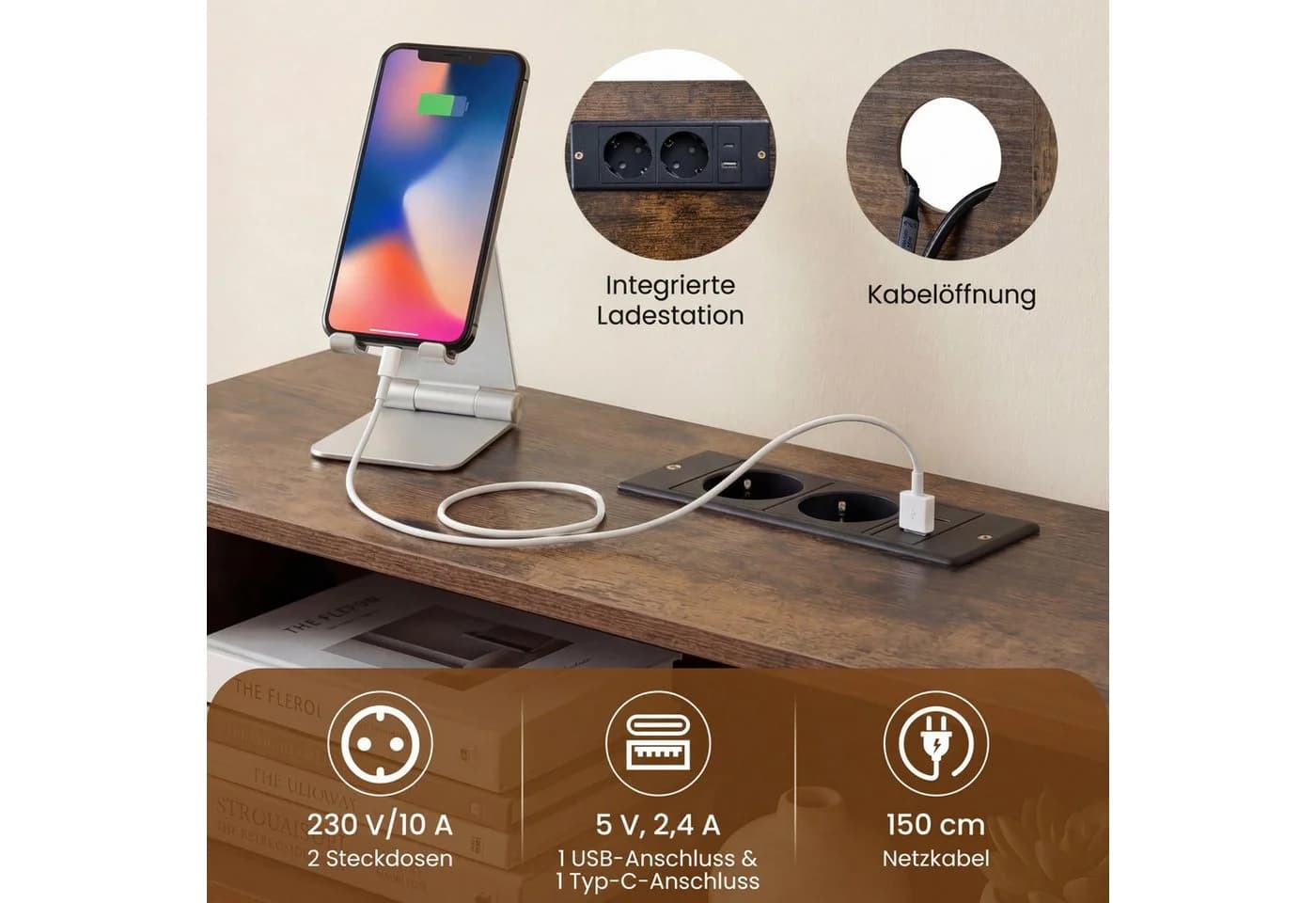 COSTWAY Konsolentisch mit LED & Ladestation Rostbraun/Schwarz - Bild 5