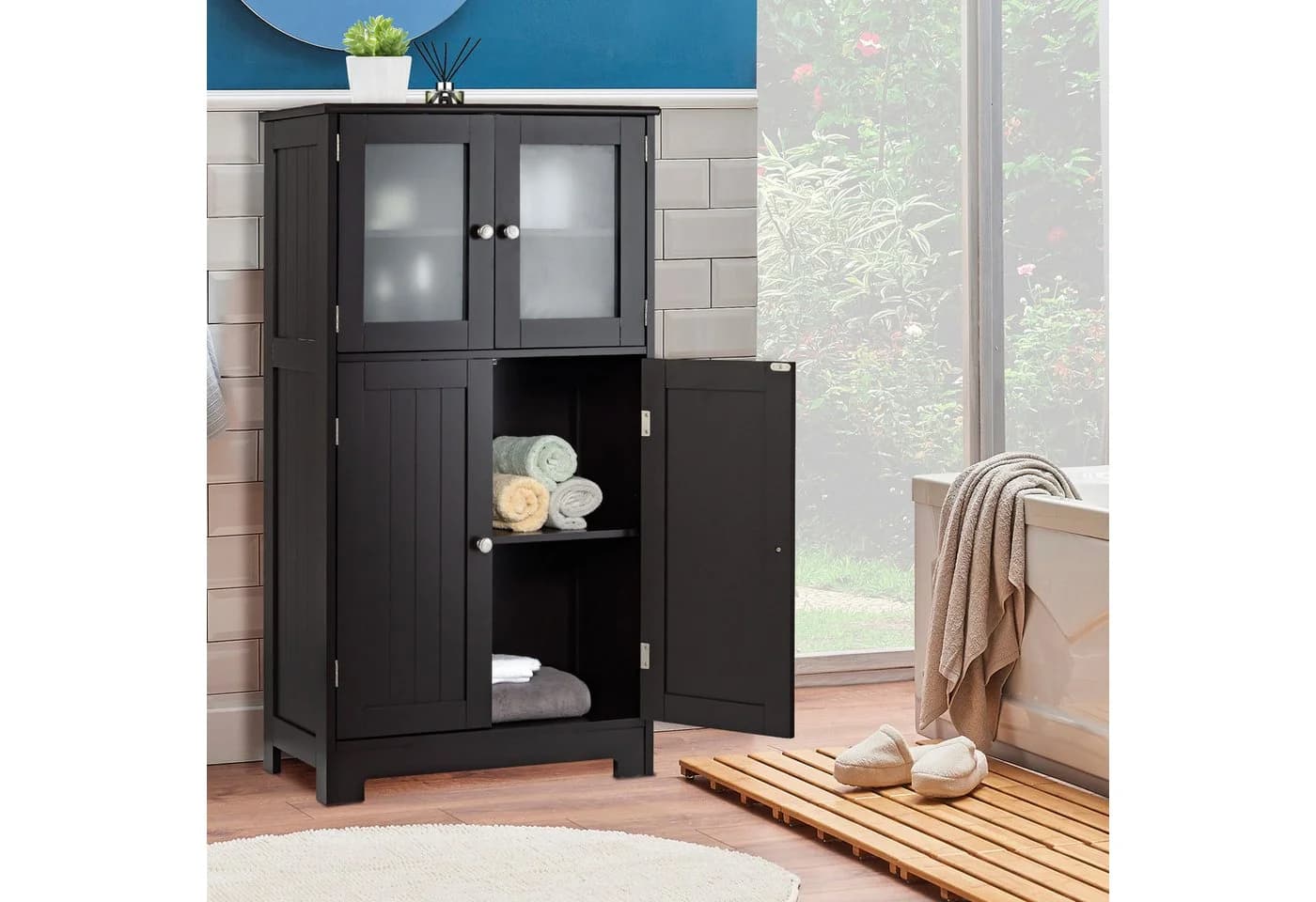 KOMFOTTEU Mehrzweckschrank Küchenschrank Badezimmerschrank mit 4 Ebenen & Glastüren - Bild 3