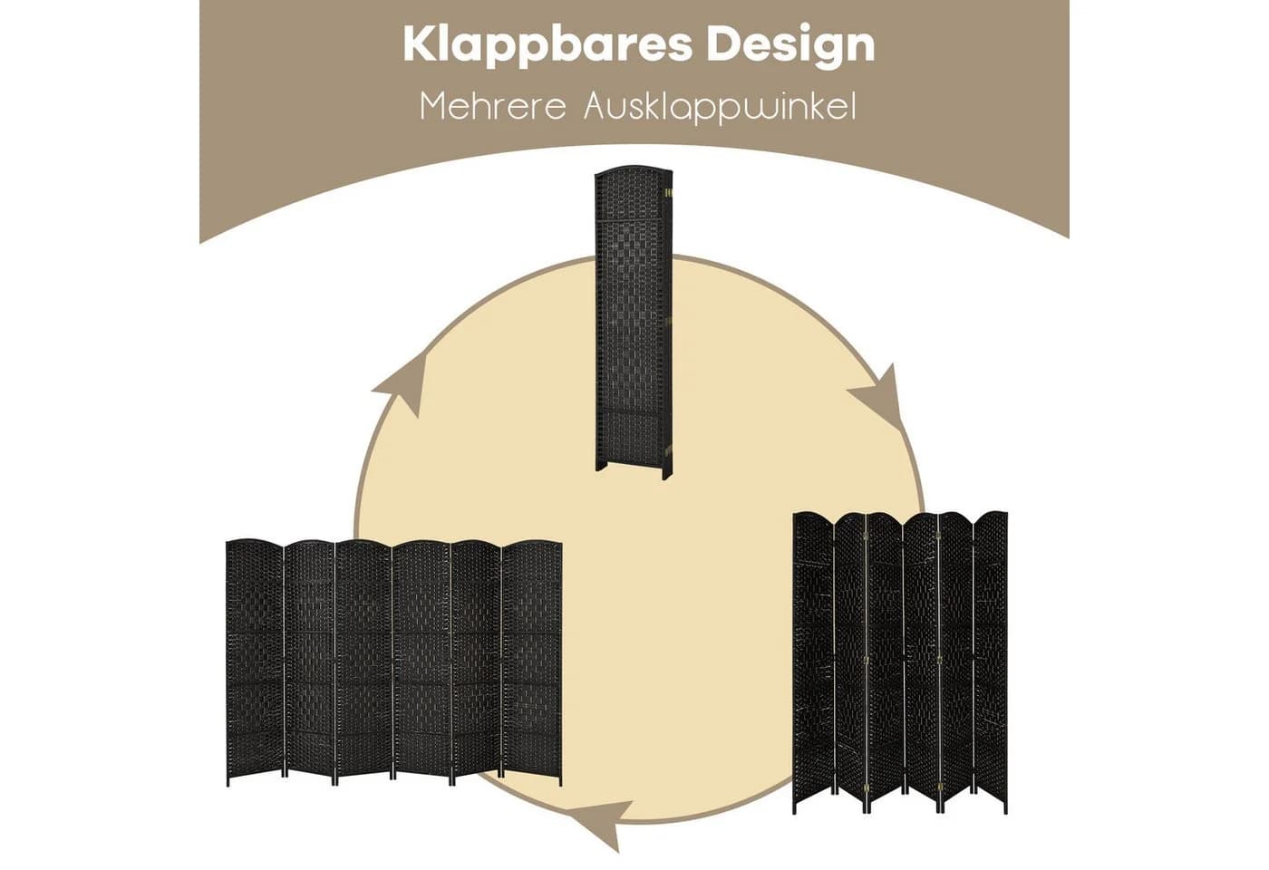 KOMFOTTEU Paravent Sichtschutzwand Klappbar Massivholzrahmen Schwarz/Braun - Bild 4