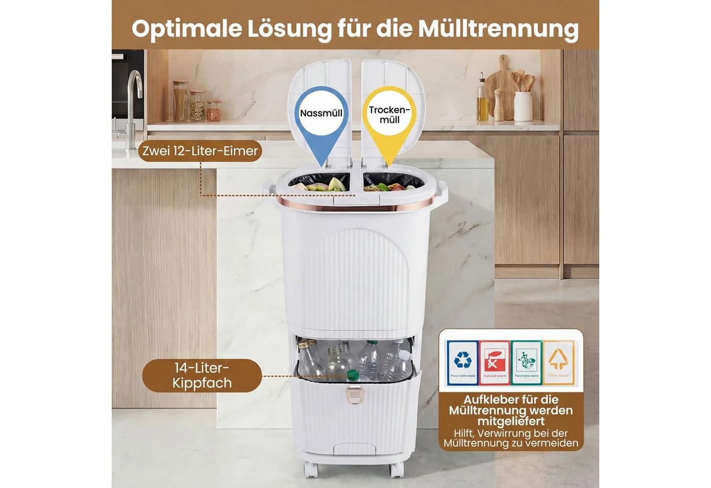 KOMFOTTEU Mülleimer 42L Tretmülleimer Beige/Weiß mit 2x 12L Inneneimer