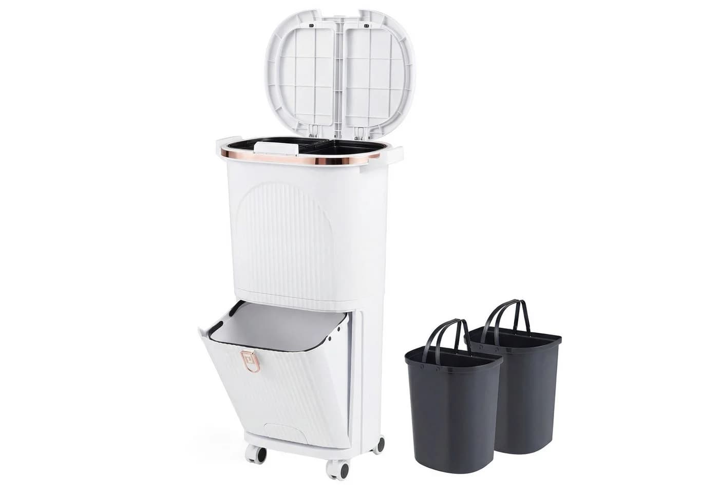 KOMFOTTEU Mülleimer 42L Tretmülleimer Beige/Weiß mit 2x 12L Inneneimer - Bild 2