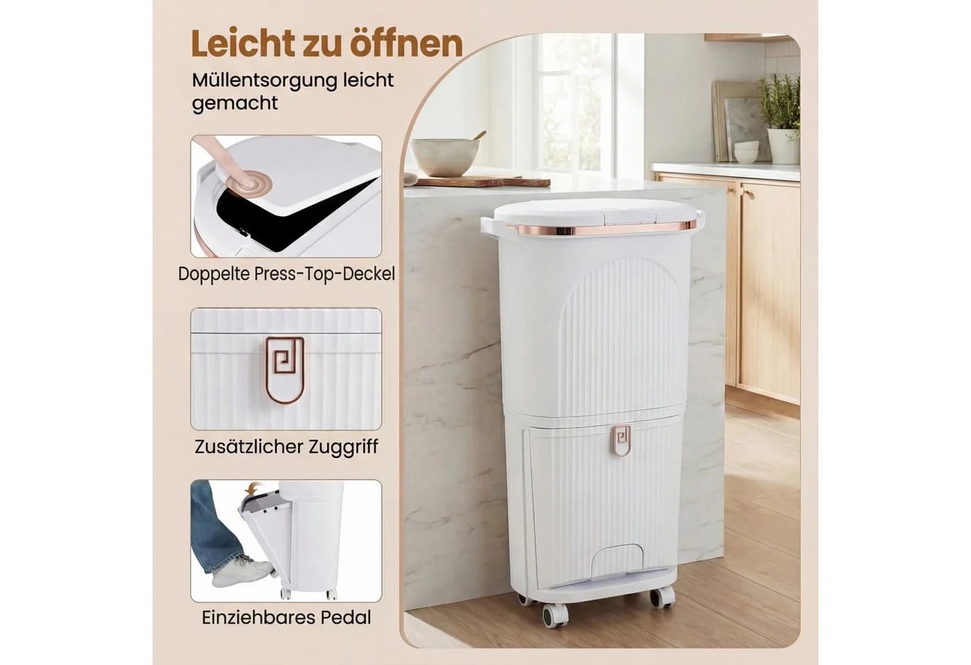 KOMFOTTEU Mülleimer 42L Tretmülleimer Beige/Weiß mit 2x 12L Inneneimer - Bild 3