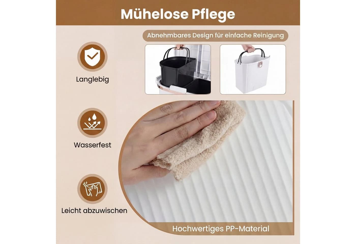 KOMFOTTEU Mülleimer 42L Tretmülleimer Beige/Weiß mit 2x 12L Inneneimer - Bild 4