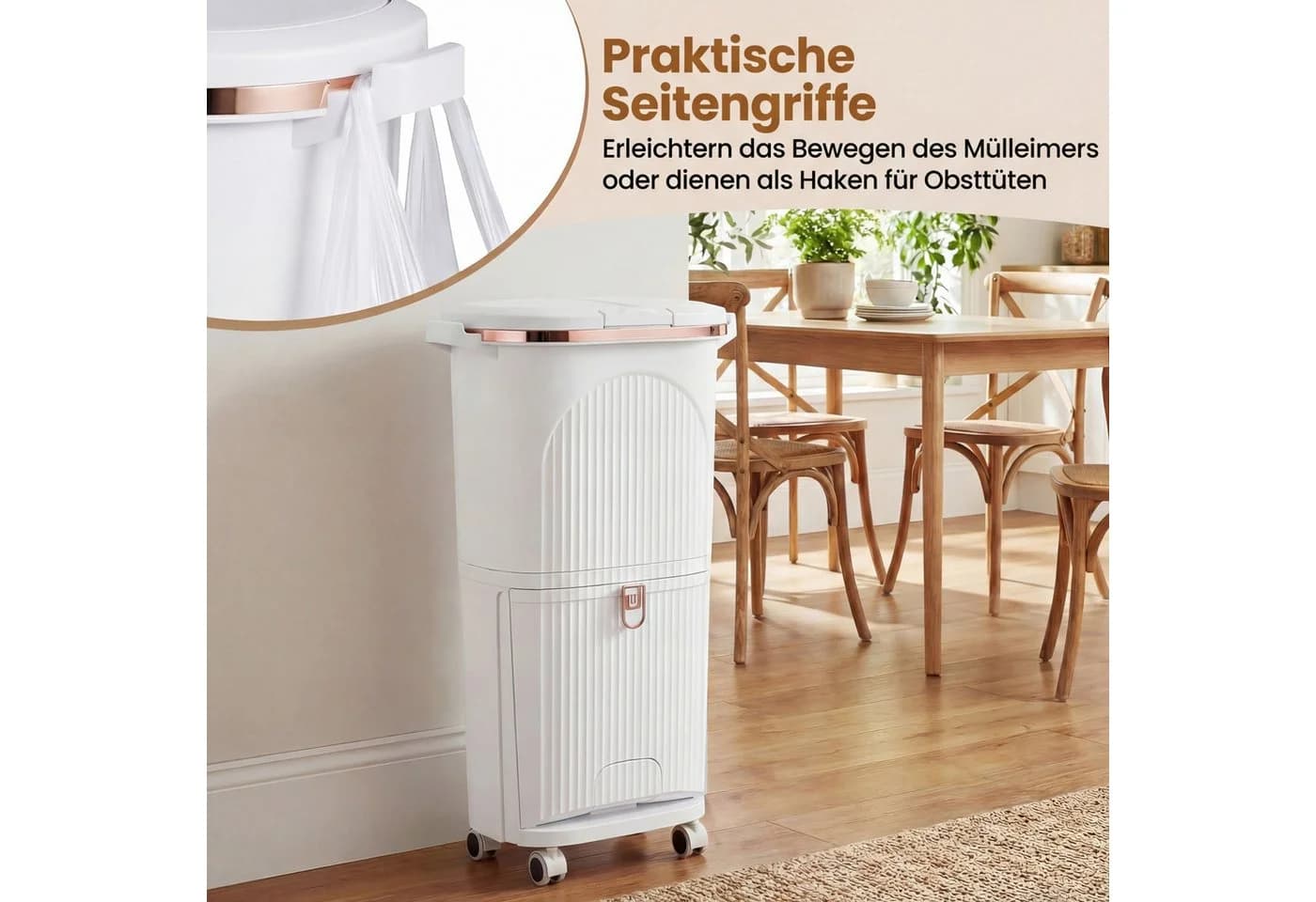 KOMFOTTEU Mülleimer 42L Tretmülleimer Beige/Weiß mit 2x 12L Inneneimer - Bild 5