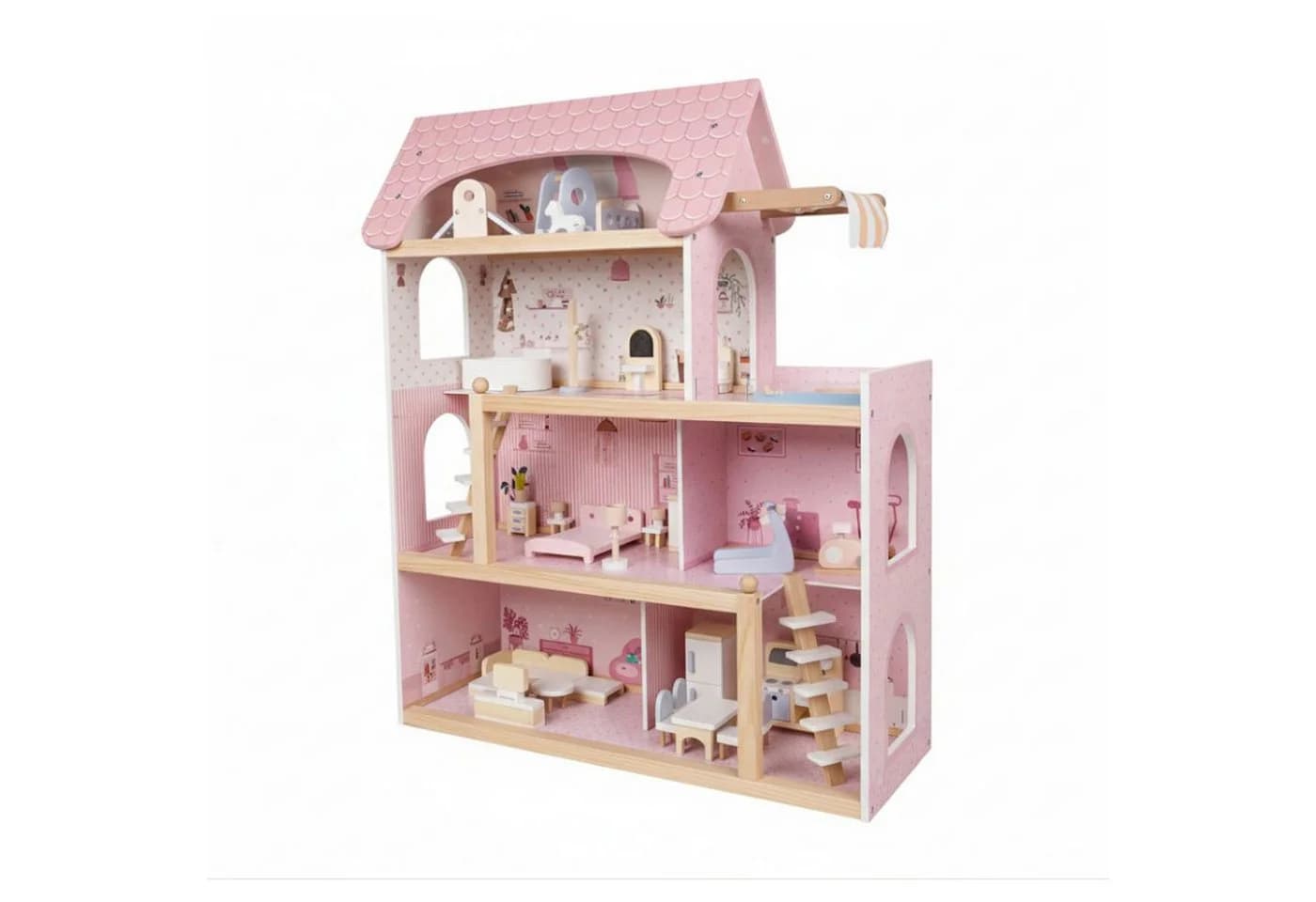 KOMFOTTEU Puppenhaus Puppen-Villa 4-stöckig mit 33 Möbeln Rosa