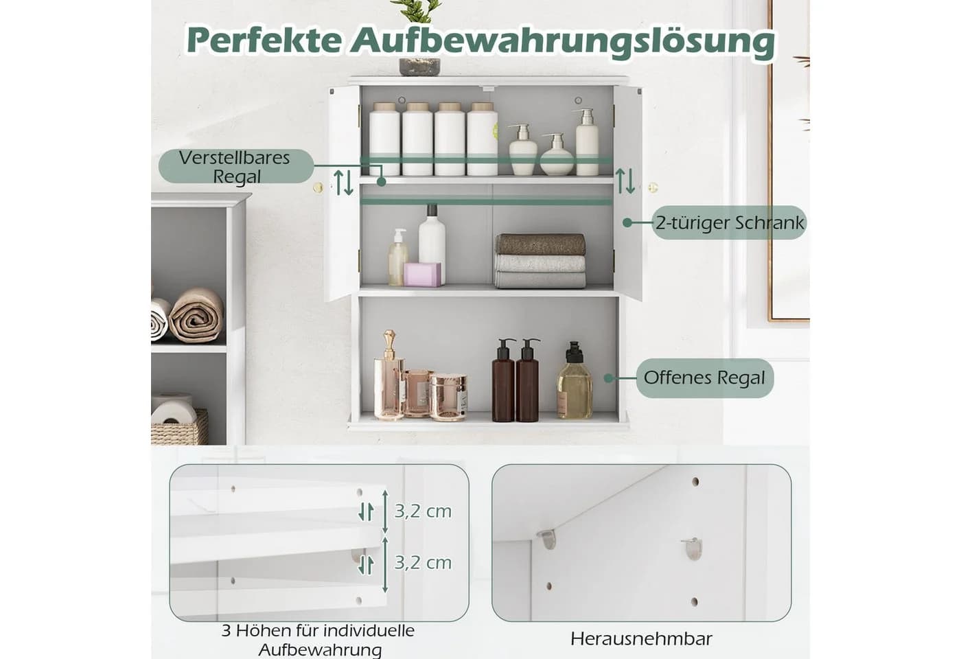 KOMFOTTEU Wandschrank Medizinschrank 2-Türig mit Verstellbarem Regal - Bild 4