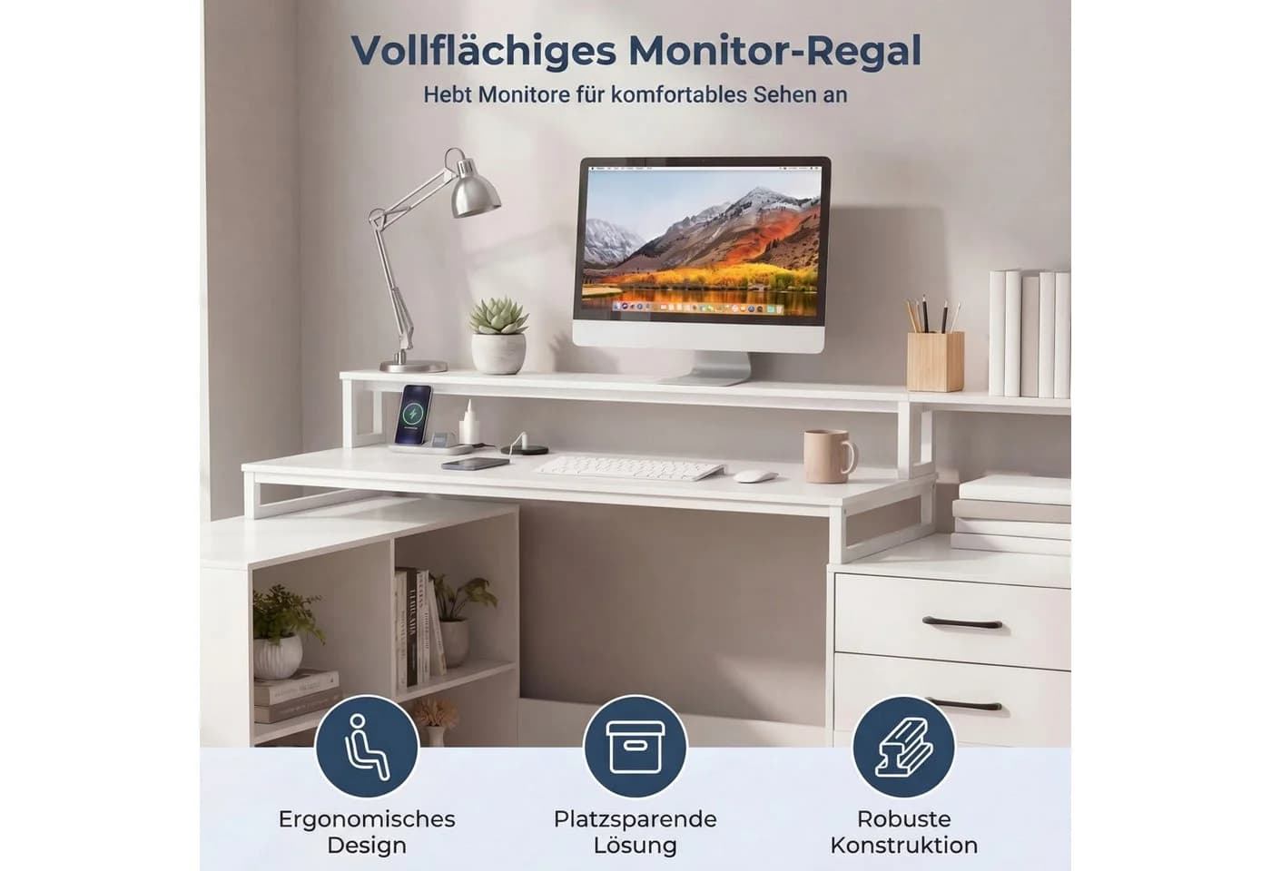 KOMFOTTEU Computertisch L-förmig Weiß mit Ladestation & Schubladen - Bild 3