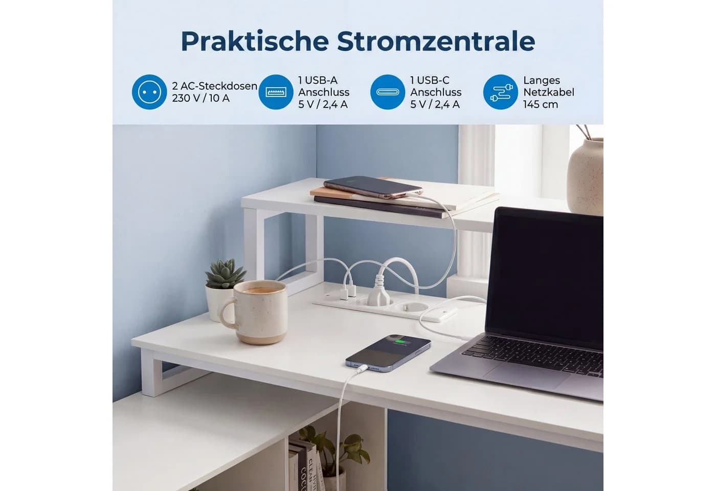 KOMFOTTEU Computertisch L-förmig Weiß mit Ladestation & Schubladen - Bild 5