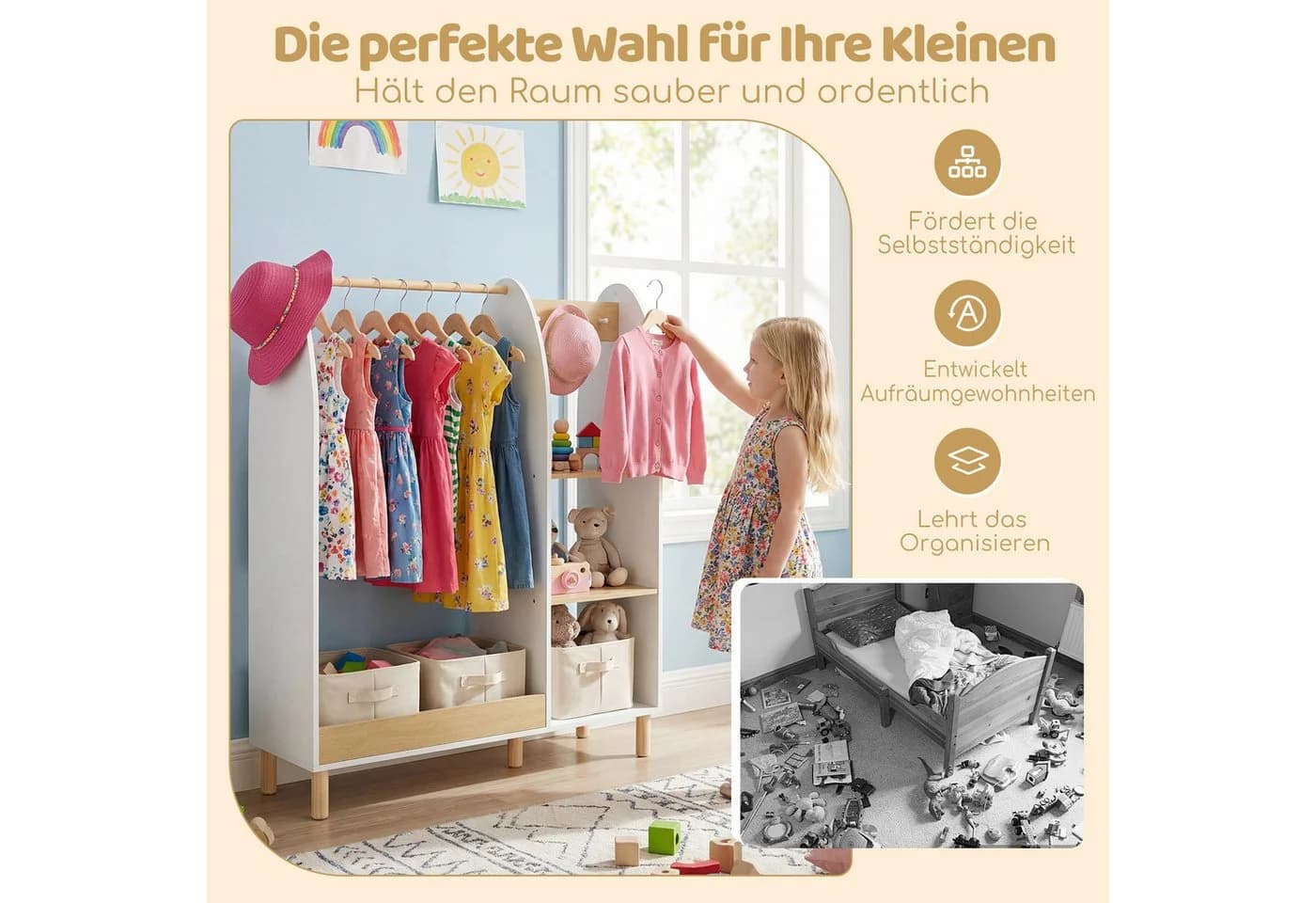 COSTWAY Kleiderständer mit Spiegel und LED-Beleuchtung für Kinder