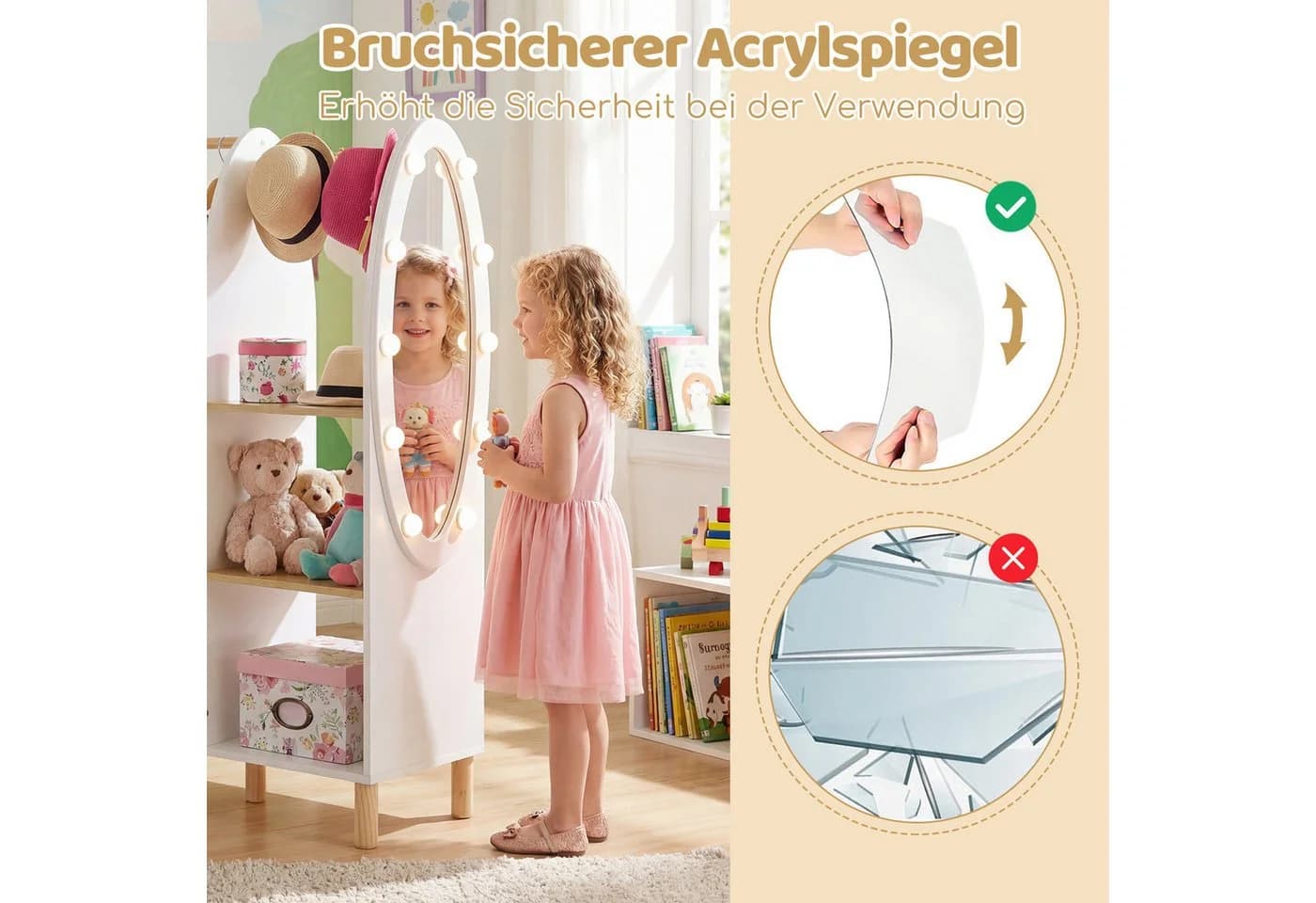 COSTWAY Kleiderständer mit Spiegel und LED-Beleuchtung für Kinder - Bild 3
