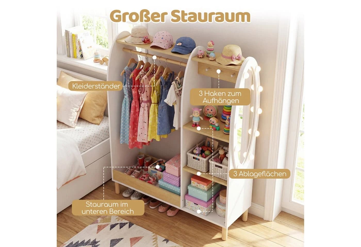 COSTWAY Kleiderständer mit Spiegel und LED-Beleuchtung für Kinder - Bild 4