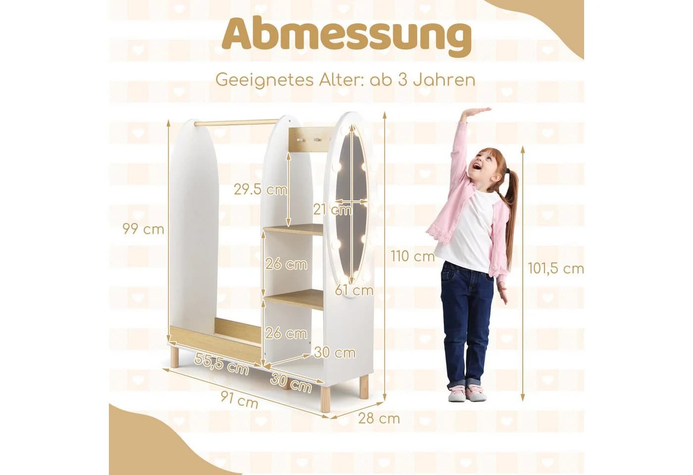 COSTWAY Kleiderständer mit Spiegel und LED-Beleuchtung für Kinder - Bild 5