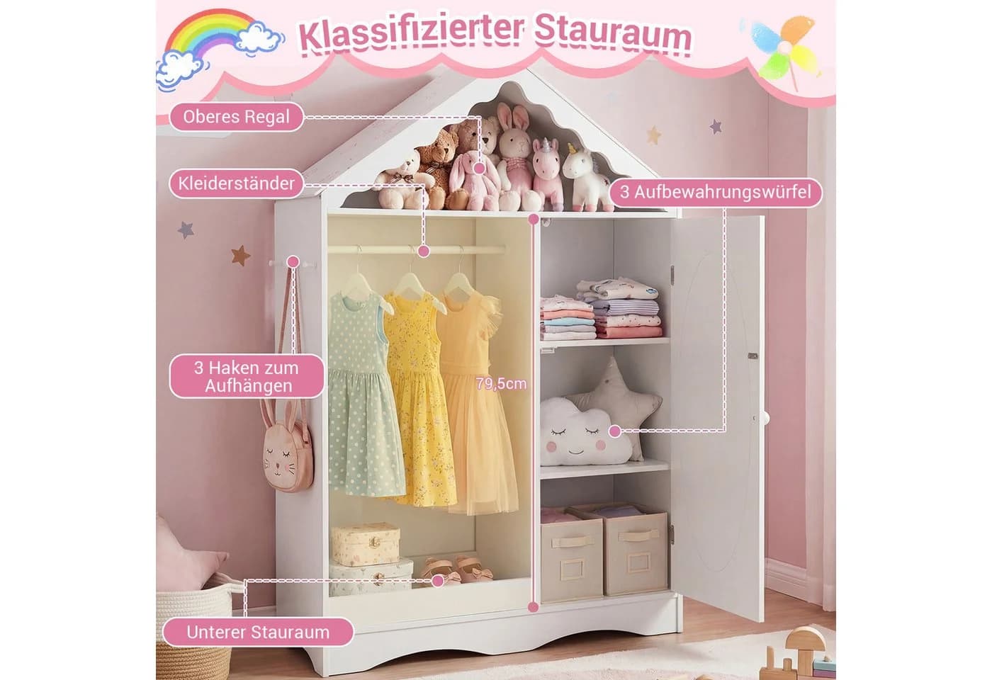 COSTWAY Kinderkleiderschrank mit Kleiderständer Weiß - Bild 3