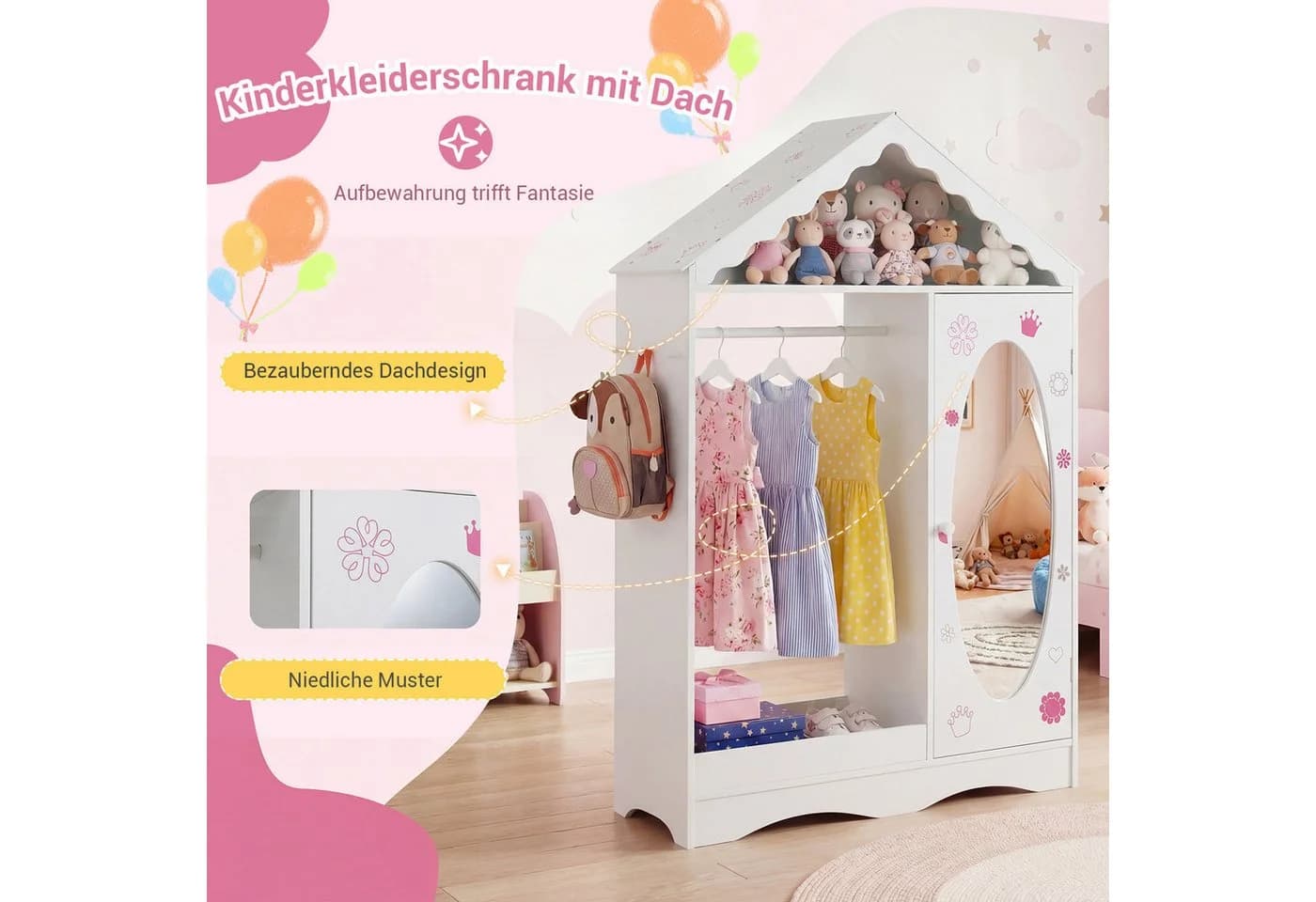 COSTWAY Kinderkleiderschrank mit Kleiderständer Weiß - Bild 4