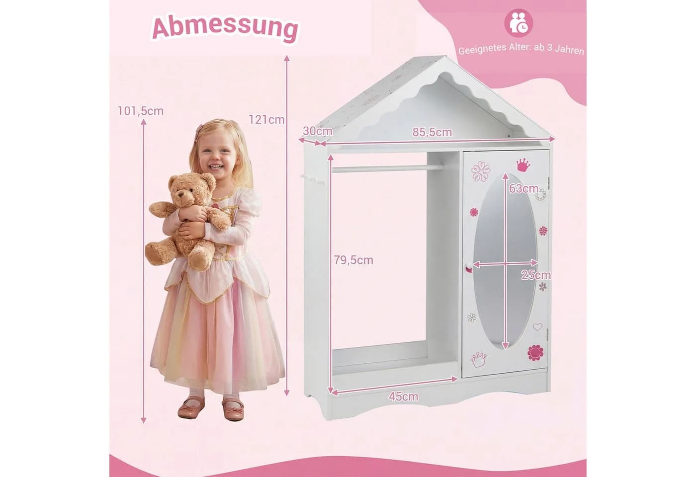 COSTWAY Kinderkleiderschrank mit Kleiderständer Weiß - Bild 5