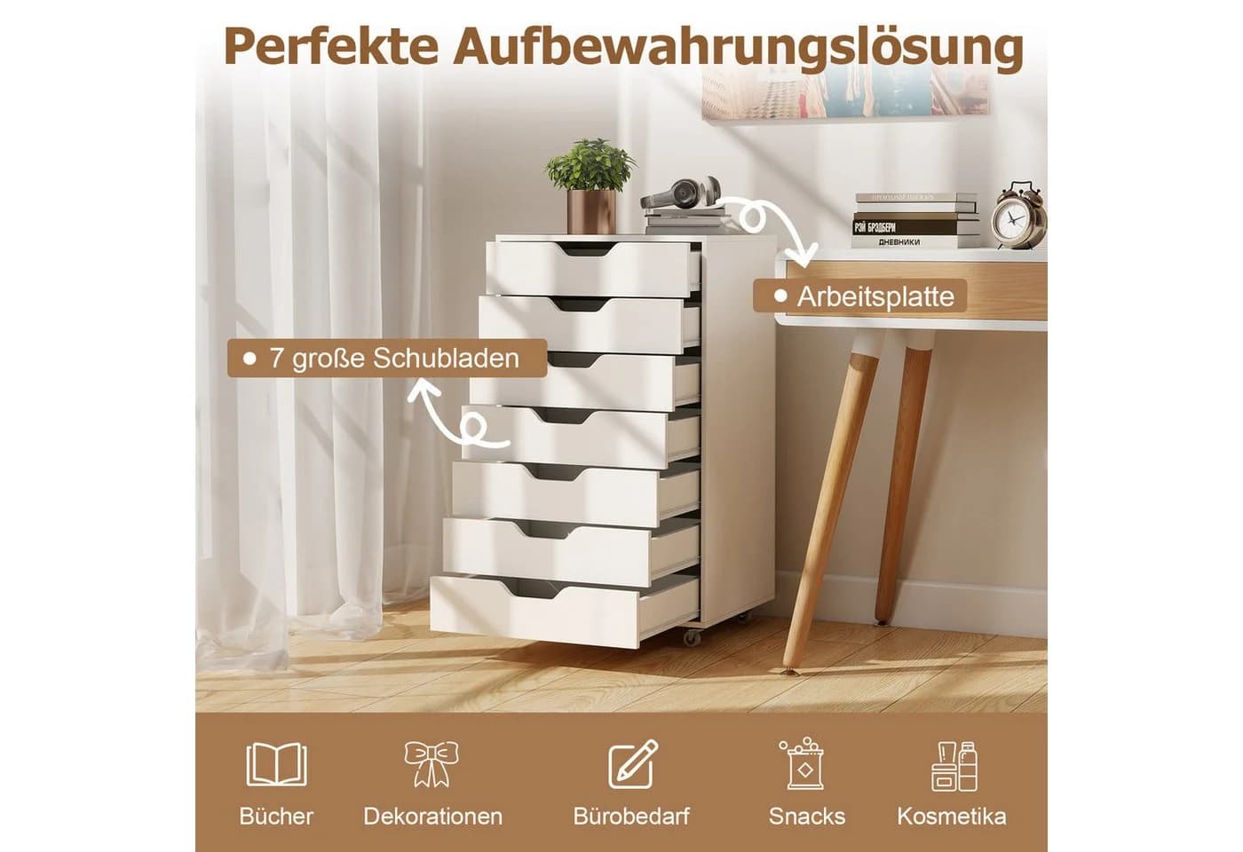 COSTWAY Rollcontainer mit 7 Schubladen Aktenschrank mit Rollen Weiß - Bild 3