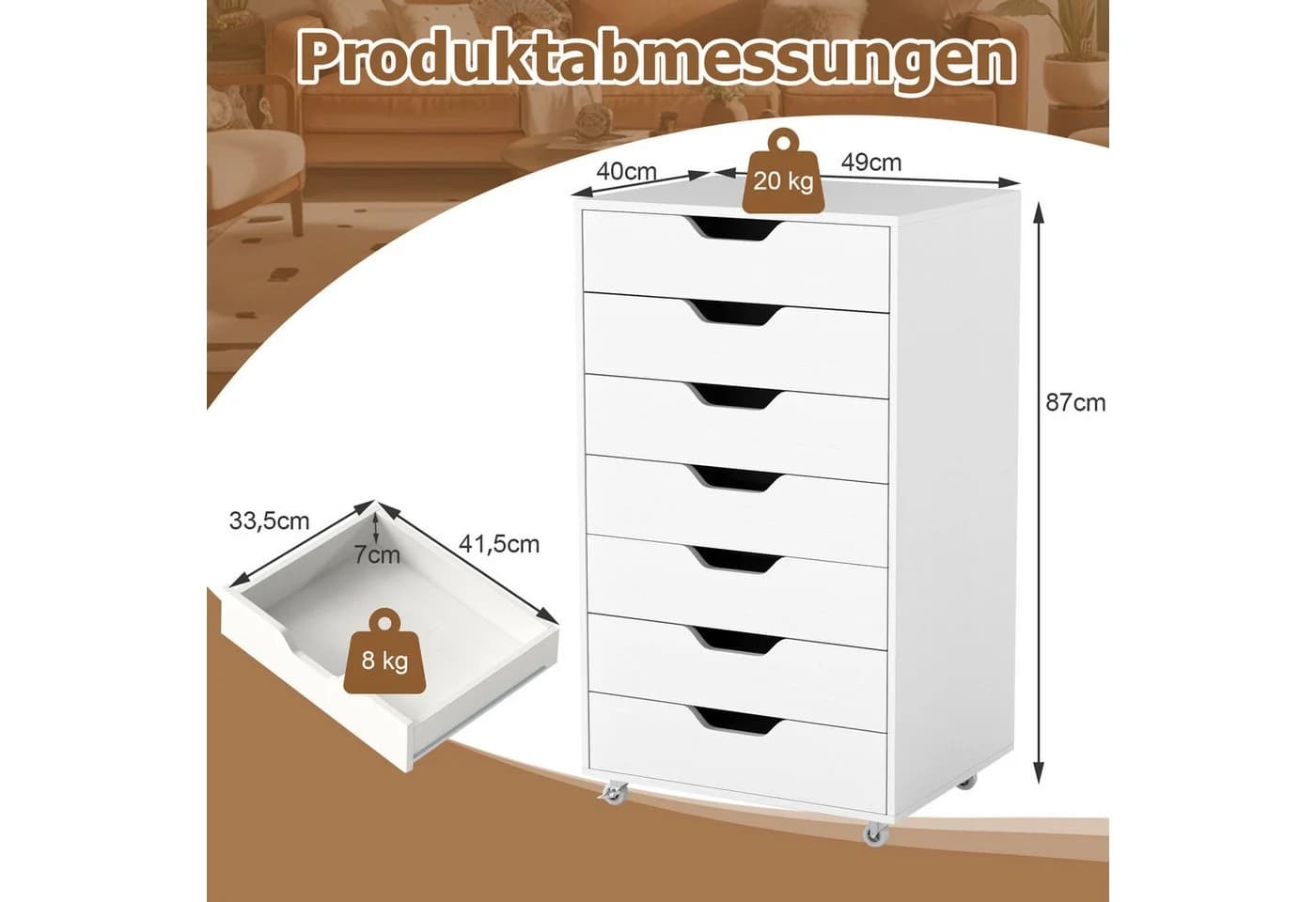 COSTWAY Rollcontainer mit 7 Schubladen Aktenschrank mit Rollen Weiß - Bild 5