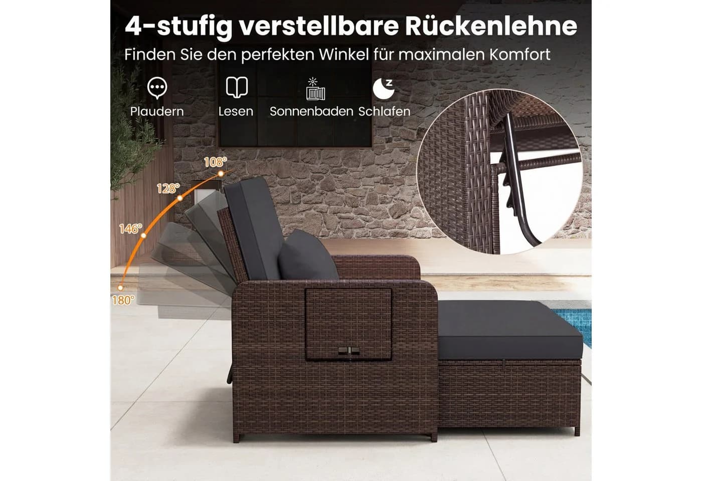 COSTWAY Loungebett Rattan 2-Personen 3 in 1 mit verstellbarer Rückenlehne - Bild 3