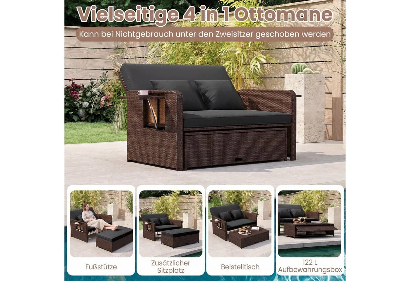 COSTWAY Loungebett Rattan 2-Personen 3 in 1 mit verstellbarer Rückenlehne - Bild 4