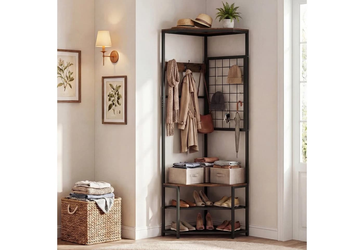 COSTWAY Eckgarderobe Braun/Schwarz mit 7 Haken & Schuhregalen