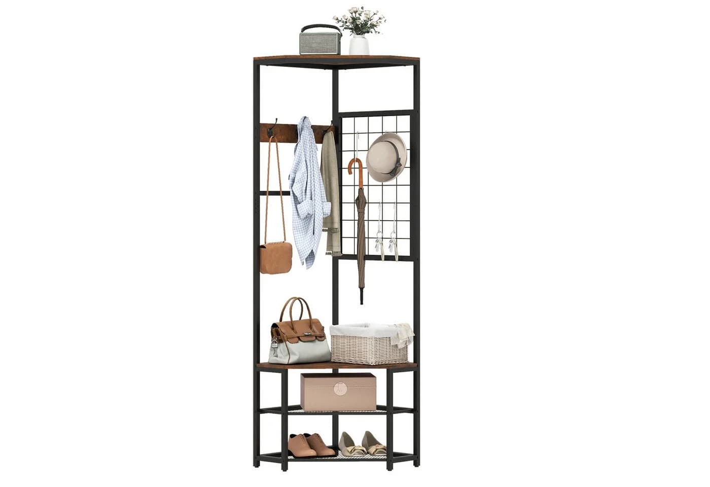 COSTWAY Eckgarderobe Braun/Schwarz mit 7 Haken & Schuhregalen - Bild 2