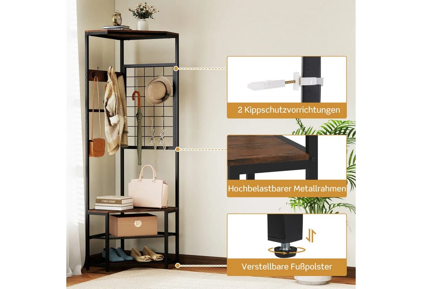 COSTWAY Eckgarderobe Braun/Schwarz mit 7 Haken & Schuhregalen - Bild 3