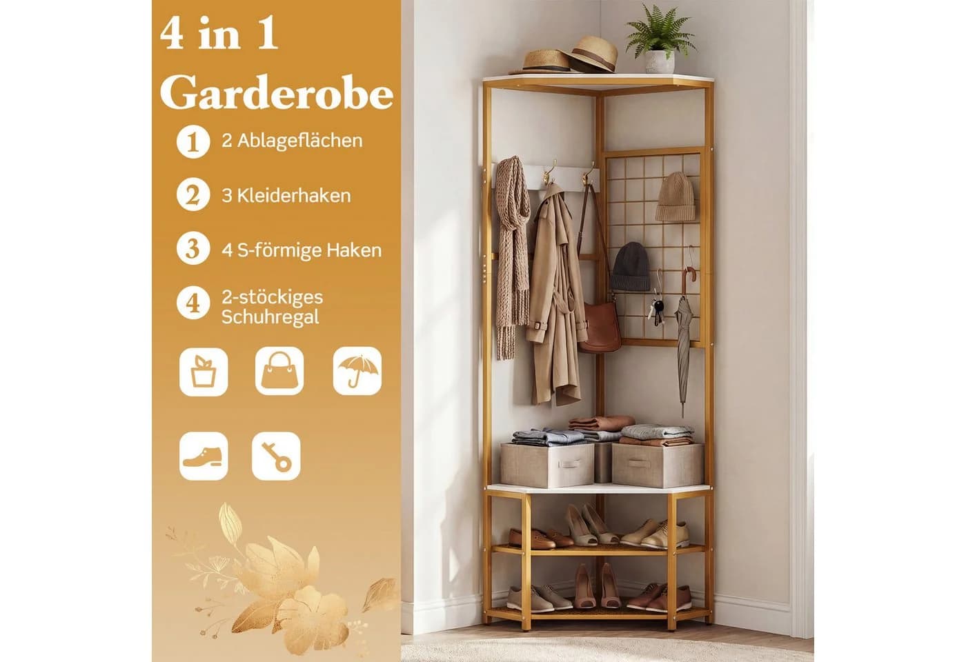COSTWAY Eckgarderobe Braun/Schwarz mit 7 Haken & Schuhregalen - Bild 5