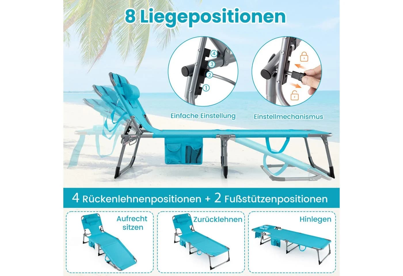 COSTWAY Gartenliege Klappbar Türkis Verstellbare Rückenlehne - Bild 3