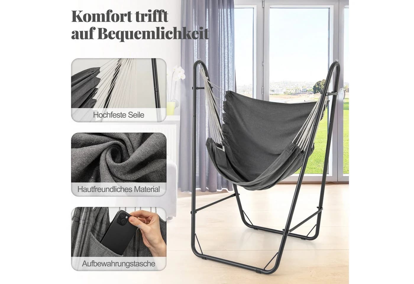 COSTWAY Hängesessel Schwarz/Grau mit Seitentasche - Bild 3