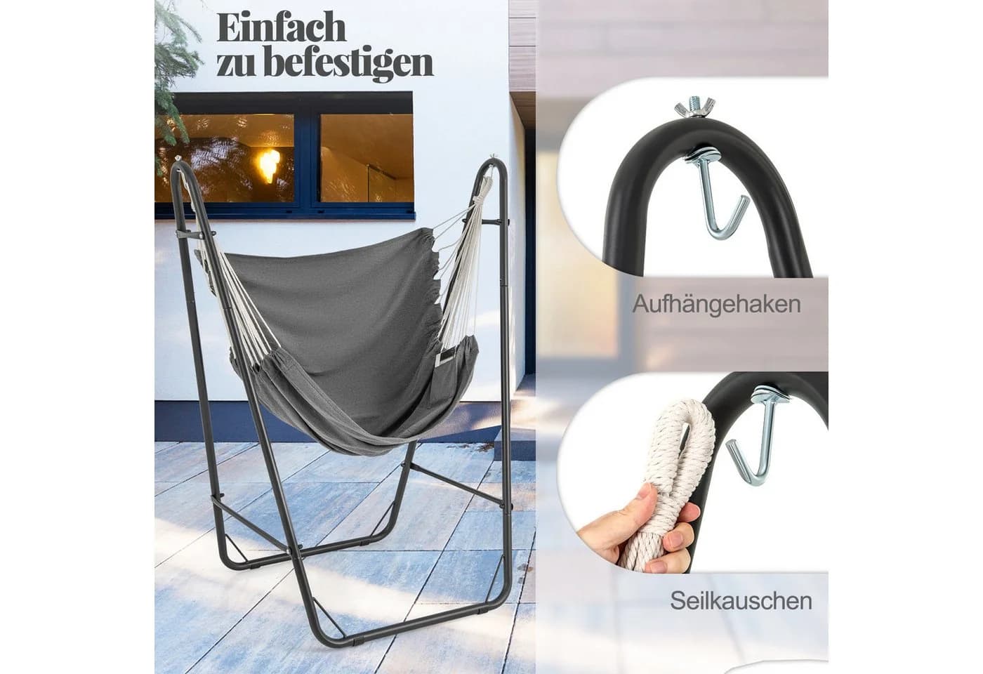 COSTWAY Hängesessel Schwarz/Grau mit Seitentasche - Bild 4