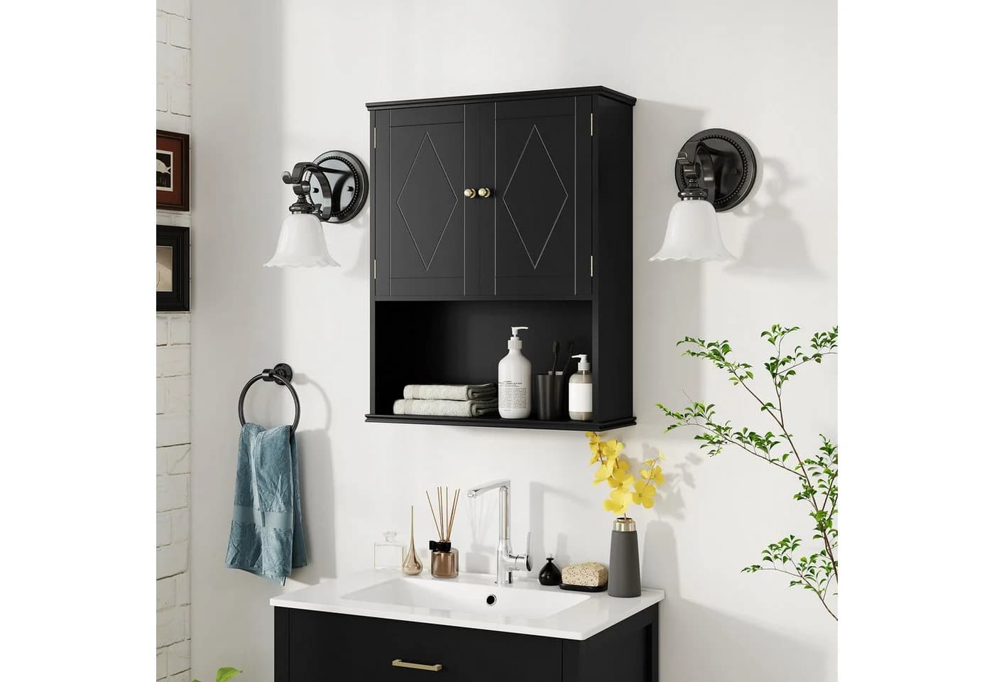 COSTWAY Hängeschrank Badezimmerschwarz mit verstellbarem Regal