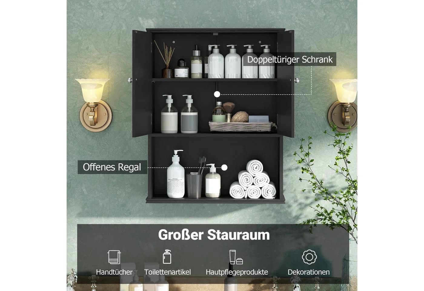 COSTWAY Hängeschrank Badezimmerschwarz mit verstellbarem Regal - Bild 3