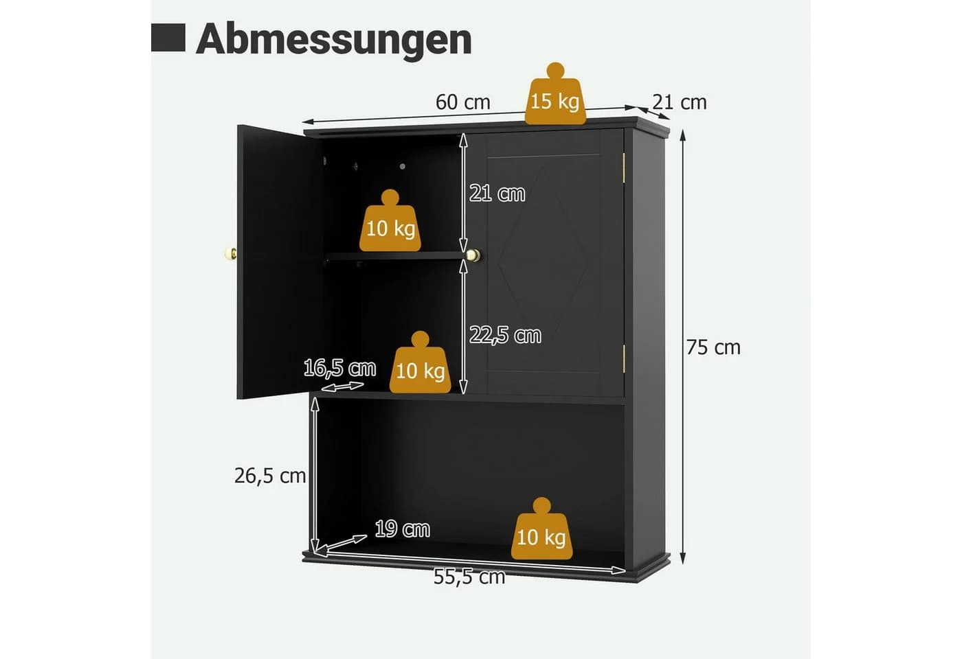 COSTWAY Hängeschrank Badezimmerschwarz mit verstellbarem Regal - Bild 5