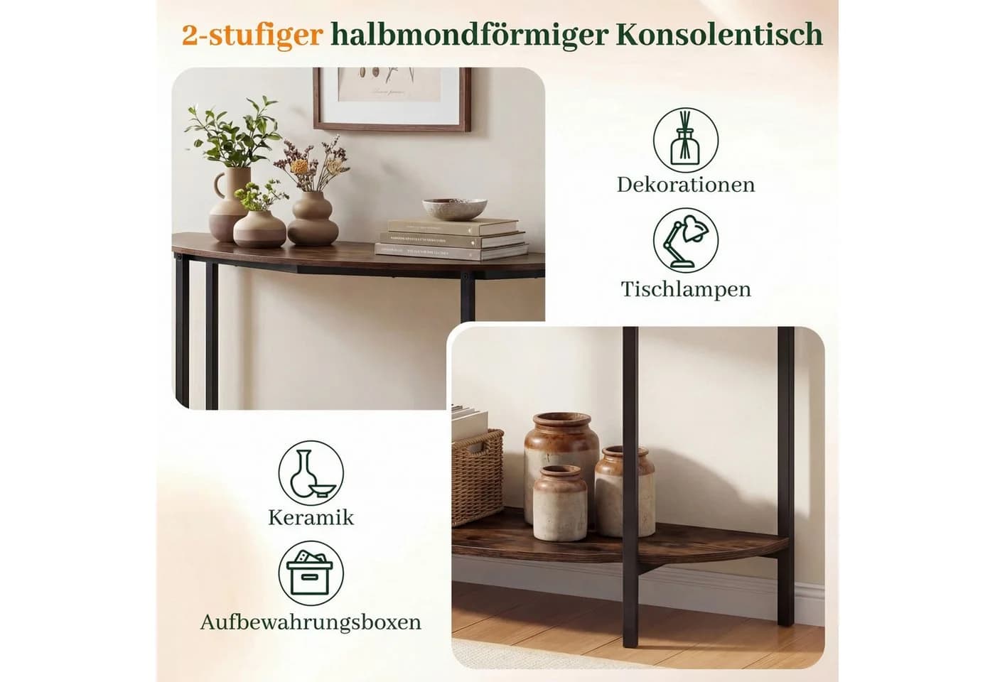 COSTWAY Konsolentisch Halbrund Braun Schwarz 100cm - Bild 3