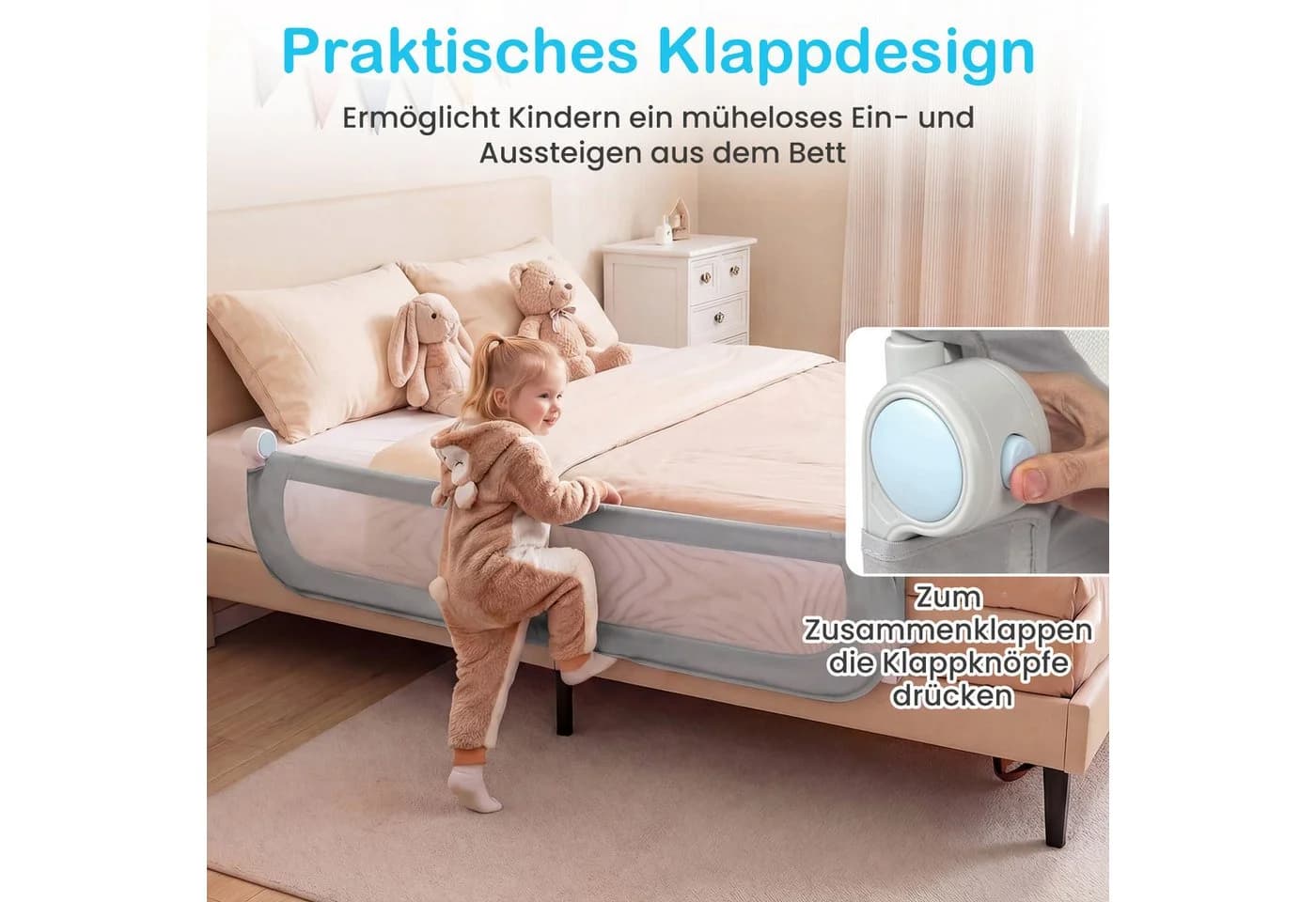 COSTWAY Bettschutzgitter Grau/Weiß Klappbar mit U-förmigem Gestell - Bild 5