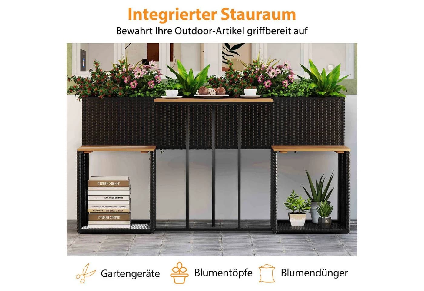 COSTWAY Balkonset mit Hochbeet, Tisch & 2 Stühlen Schwarz/Natur
