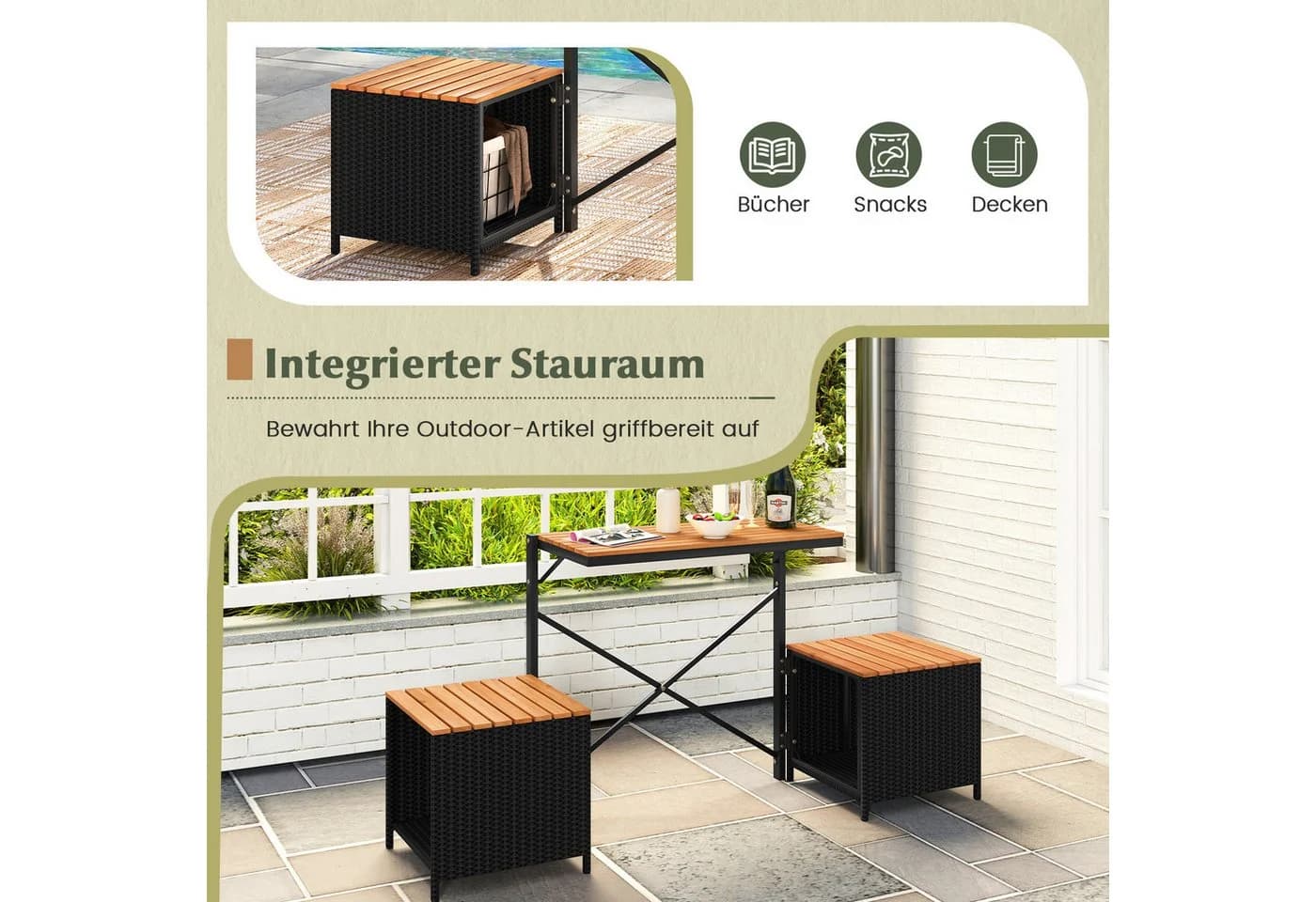 COSTWAY 2-in-1 Gartenbank & Picknicktisch Schwarz/Natur PE-Rattan - Bild 4