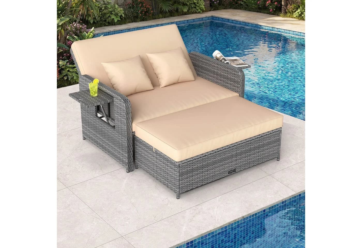 COSTWAY Loungebett Gartenliege mit Auflage Grau PE-Rattan