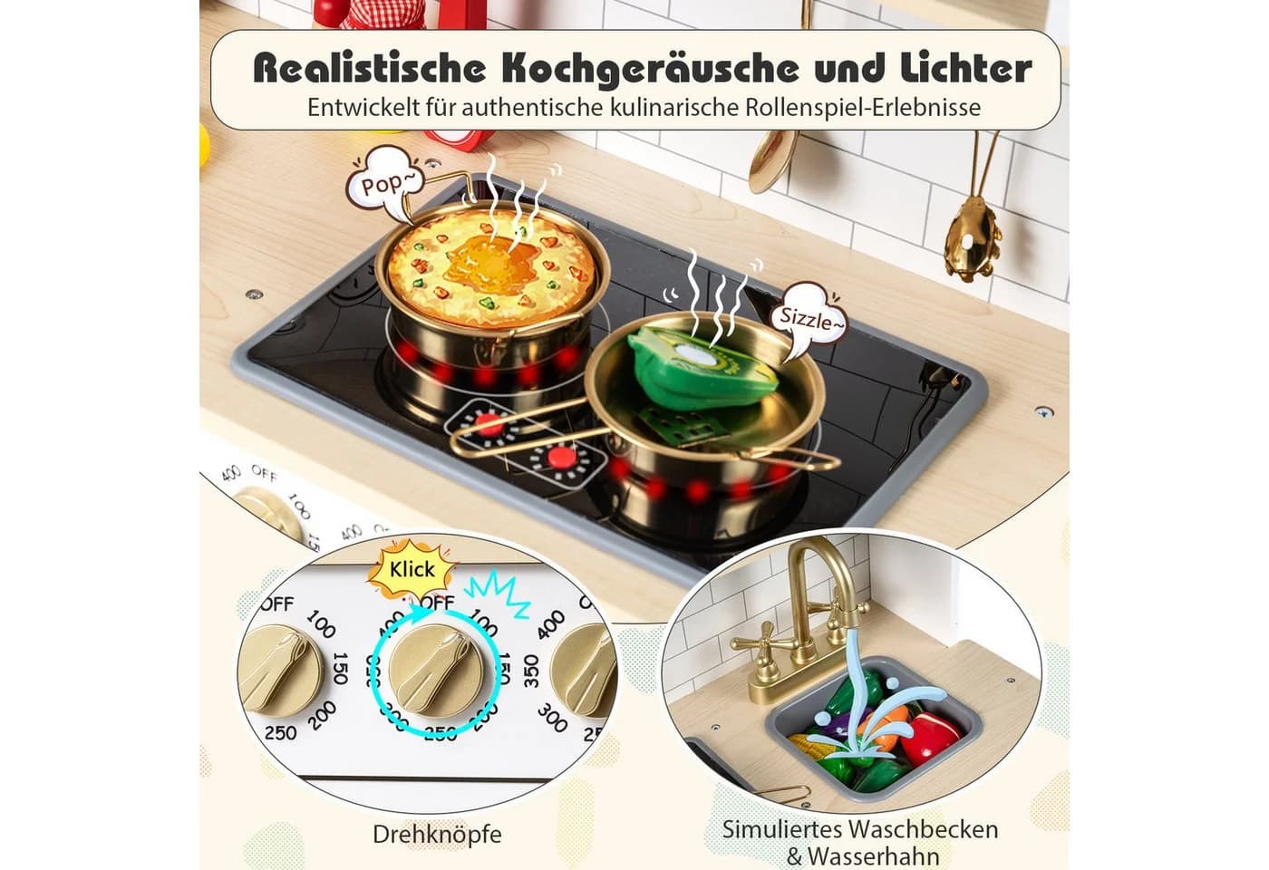 COSTWAY Spielküche Weiß MDF Mit Herd Spüle Eismaschine Mikrowelle Geschirrspüler - Bild 3