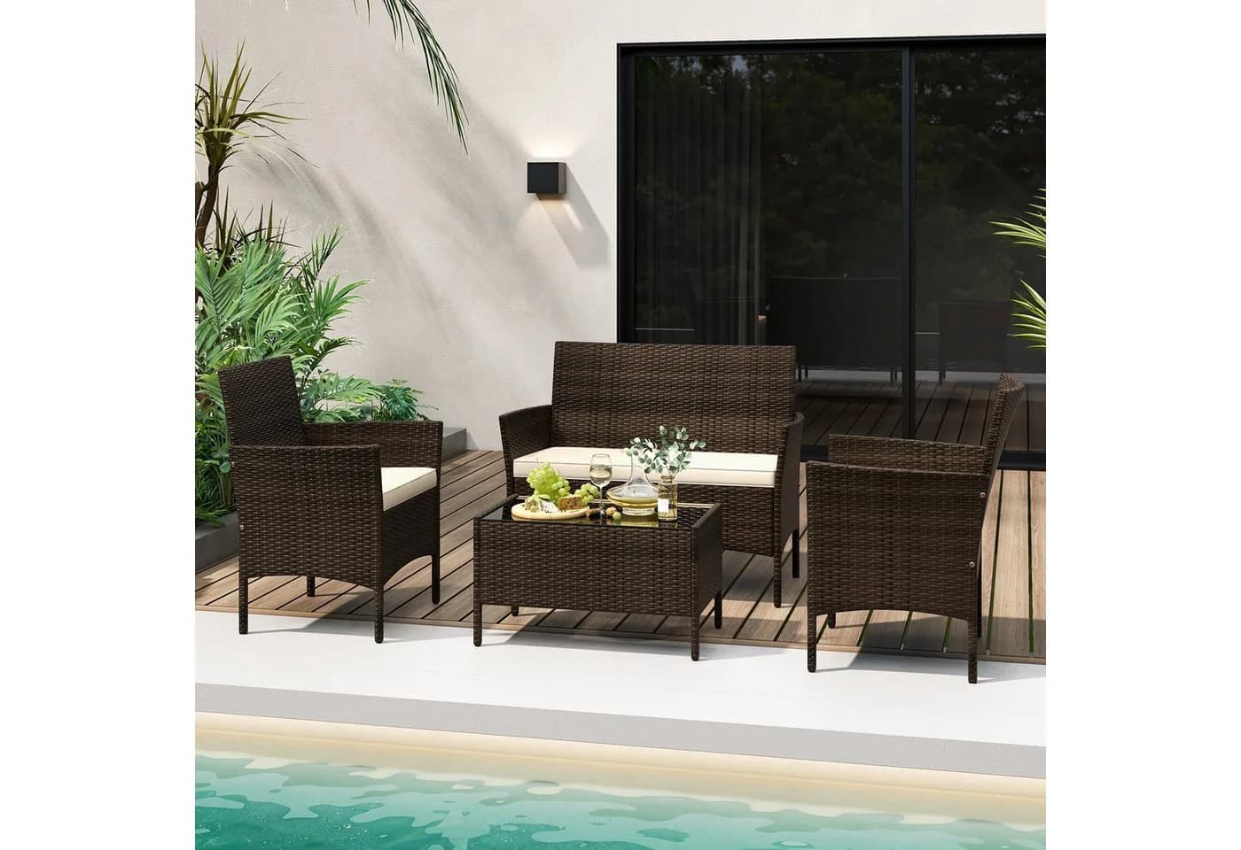 COSTWAY Balkonset 4-tlg. Rattan mit Zweisitzer, 2 Stühlen, Tisch & Kissen