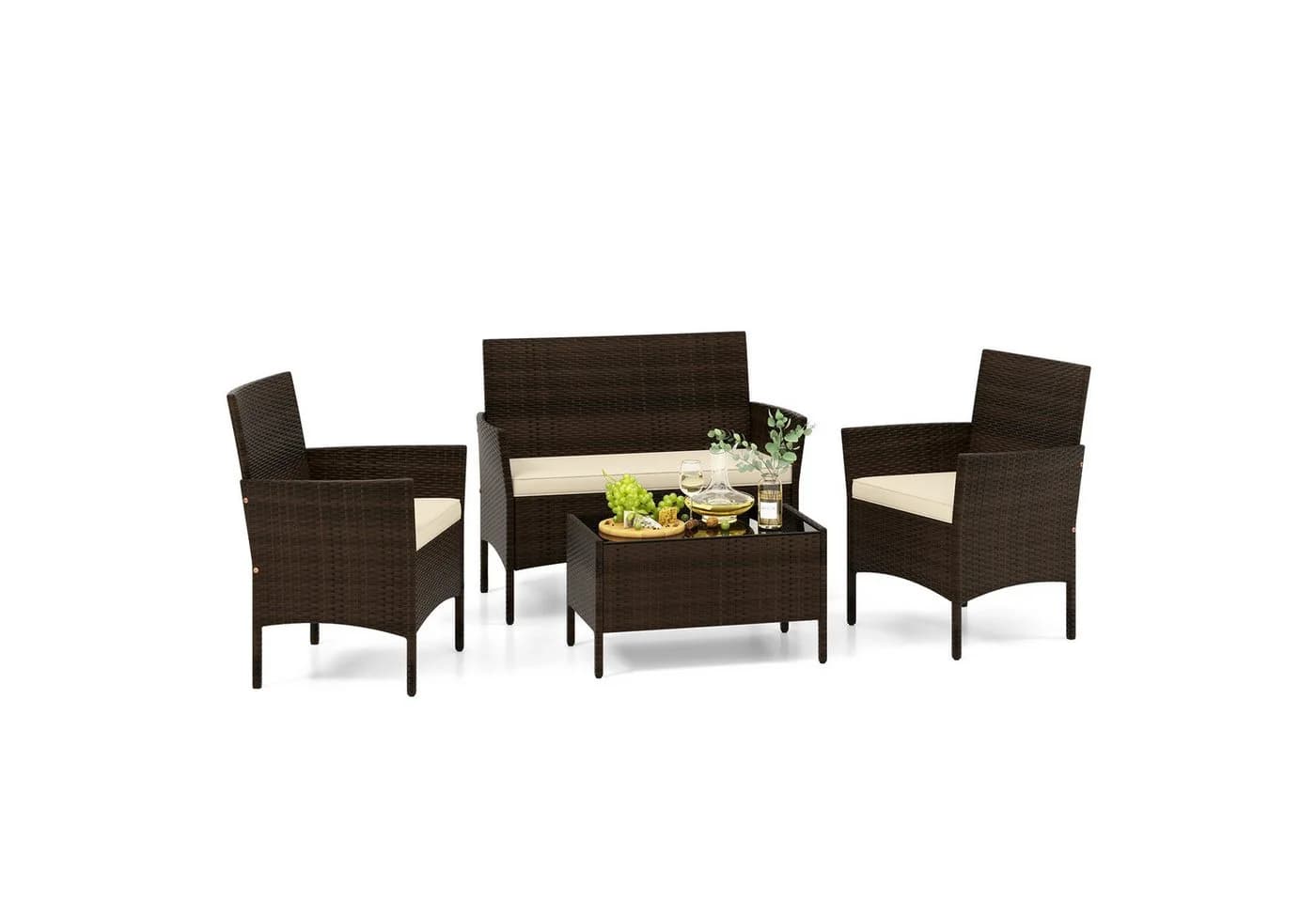 COSTWAY Balkonset 4-tlg. Rattan mit Zweisitzer, 2 Stühlen, Tisch & Kissen - Bild 2